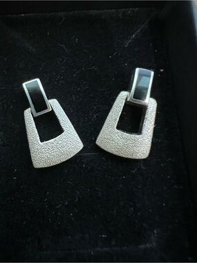 Silver Tone Black Inlay onyx buckle Drop Earrings
